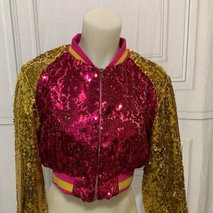 Pink and Gold Sequin varsity cropped jacket